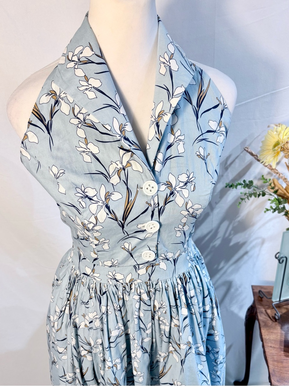 Hearts and Found Floral Button Bodice Halter Fit & Flare Dress Pockets Sz  L💚 - Picture 6 of 10